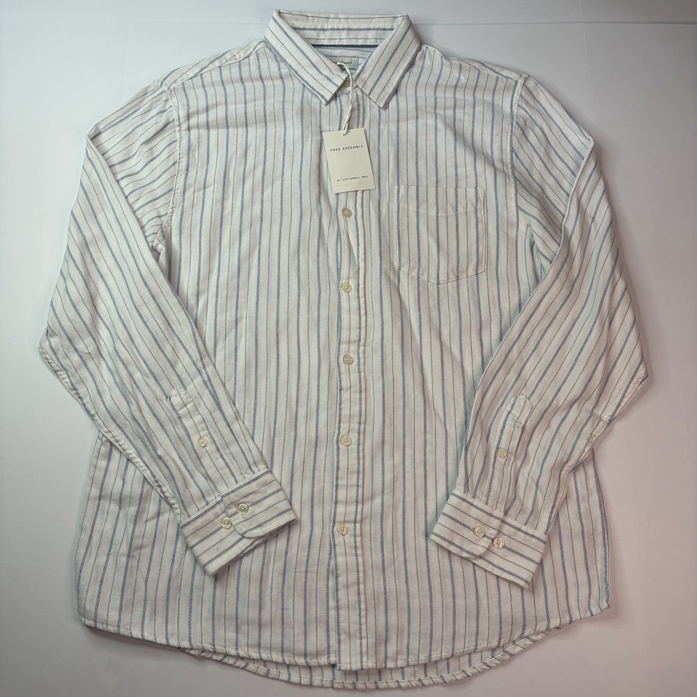 Free Assembly Mens Button Up Flannel Shirt Size L Large Blue White Striped NWT